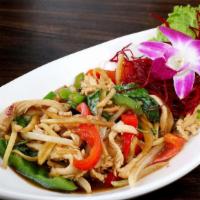 Pad Krapow (Sweet Basil) · Sautéed with bell peppers, chili, garlic, onions, and basil.