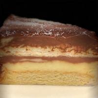 Boston Cream Pie cake slice · white cake, cream filling, chocolate ganache