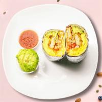 Happily Avo After Burrito · Avocado, scrambled egg, cheese, and fire-roasted tomato salsa wrapped in a steamed flour tor...