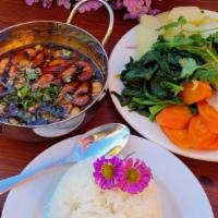           Caramelized fish sauce + Steamed Vegetables, 2 rices  · nuoc mam Kho Quẹt+Rau Luộc, com