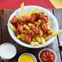 Salchipulpos · French fries with sausage, ketchup and mustard.