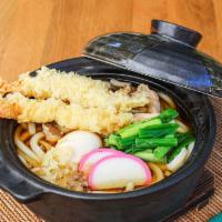 Nabe Yaki Udon · Soft boiled egg, shrimp tempura, chicken, onions, kamaboko (fishcake), maitake, green onions...