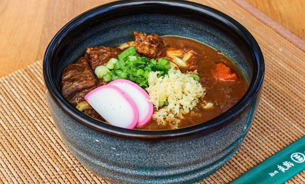 Curry Udon · Beef gristle curry, fukujin-zuke, kamaboko (fishcake), green onions.