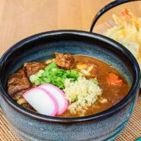 Tempura Curry Udon · Curry udon, 2 shrimp tempura, beef, 3 vegetable tempura.