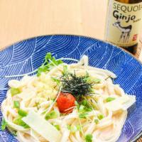 Mentai Cream Sauce Udon · Seasoned cod roe, shiso leaf, parmesan cheese, green onions, nori seaweed.