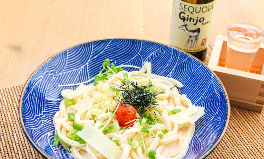Mentai Cream Sauce Udon · Seasoned cod roe, shiso leaf, parmesan cheese, green onions, nori seaweed.