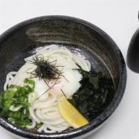 Ontama Bukkake Udon · Soft boiled egg, green onions, sesame seeds, ginger, nori seaweed.