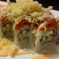 Shrimp Crunch · Shrimp tempura, cucumber, fish roe tempura flakes spicy tuna