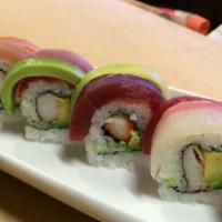 Rainbow Roll · Crab, avocado, tuna, white tuna cooked shrimp, salmon, tal