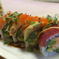 Valentine · Shrimp tempura, asparagus. Spicy crab salmon, tuna, avocado, fish roe
