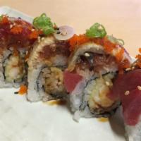Red Dragon Roll · Shrimp tempura, tuna, eel, spicy tuna, fish Roe, Green onion
