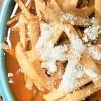 Chicken Tortilla · Hot. Chicken soup, mixed vegetables topped with corn tortilla crisps and cotija cheese - no ...
