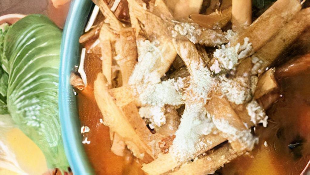 Tortilla Soup · Hot. Chicken broth, mixed vegetables, topped w/corn tortilla crisps and cotija cheese - no tortillas.