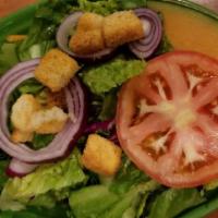 Salad Plate · Green salad mixed lettuce, carrots, purple cabbage, onion, tomato, croutons and choice of dr...