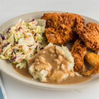 Buttermilk Fried Chicken · Served with mashed potatoes and fresh veggies