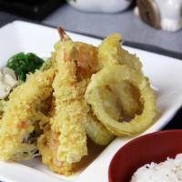 13. Mixed Tempura · Two pieces shrimp and five pieces vegetables.