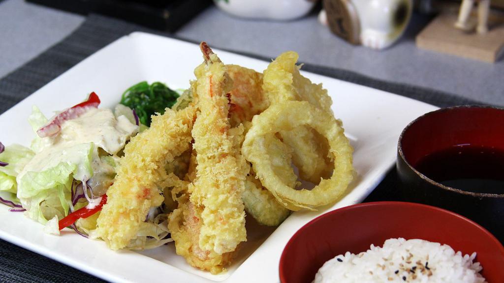 13. Mixed Tempura · Two pieces shrimp and five pieces vegetables.