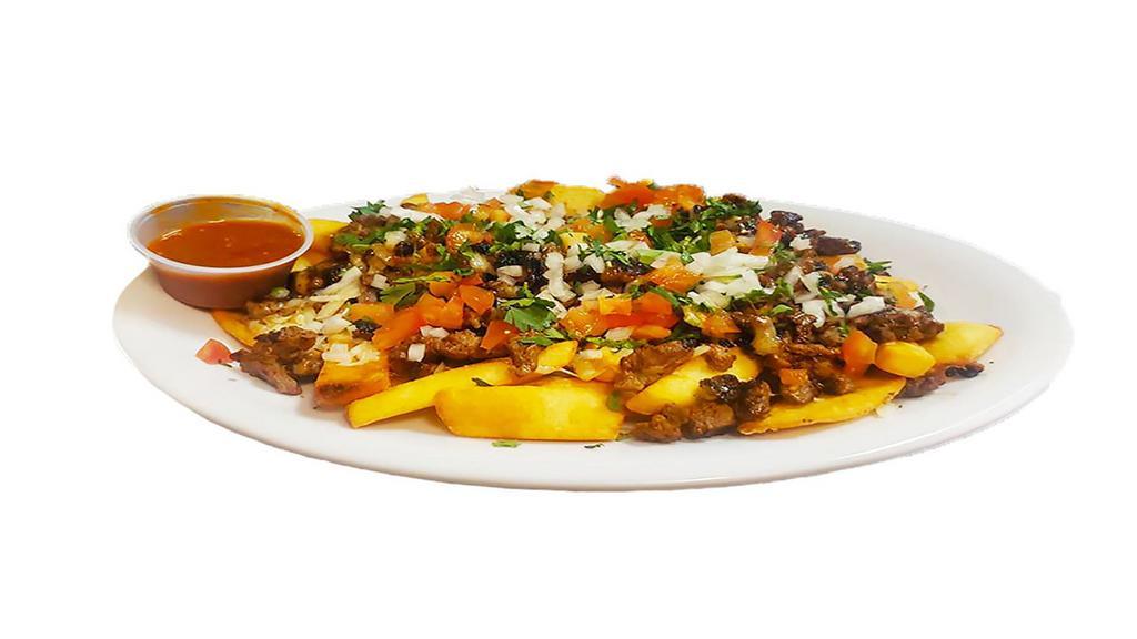 Steak Fries · French fries topped with cheese ,chopped steak ,sour cream, pico de gallo, jalapeños