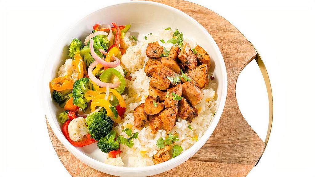 Cauli Rice & Chicken · Cauliflower rice with cilantro-lime chicken and mix seasonal roasted vegetables. Keto. Gluten free.