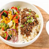 Rice & Ground Beef · Rice with korean ground beef and mix seasonal roasted vegetables. Gluten free.