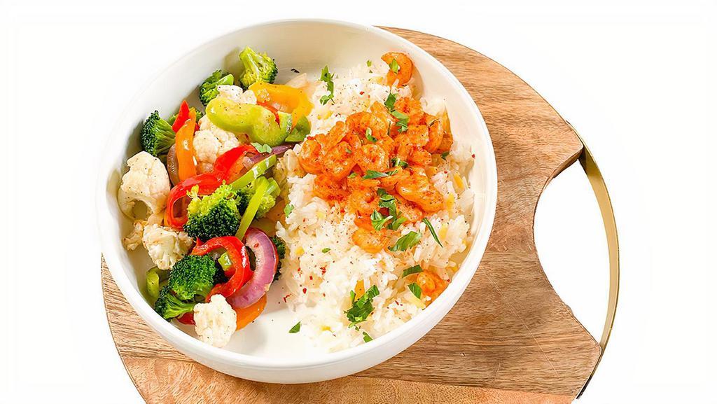 Rice & Shrimp · Rice with spicy garlic shrimp and mix seasonal roasted vegetables. Gluten free.
