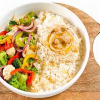Rice & Hummus · Rice with homemade hummus & caramelized onion and mix seasonal roasted vegetables. Vegan. Gl...