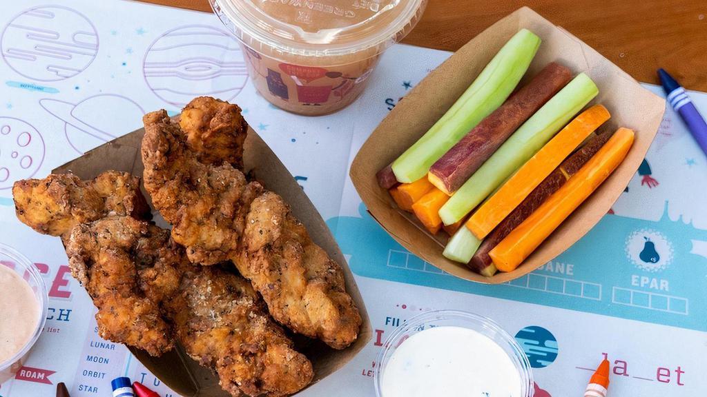 Kids Chicken Strips Combo · 3 Delicious, juicy, crispy Chicken Strips. • Gluten Free. • Heirloom Chicken from Cooks Venture. Combos Include Fries or Carrots & Cucumbers and a Drink (House-Made Soda, Organic Apple Juice or Organic Milk)