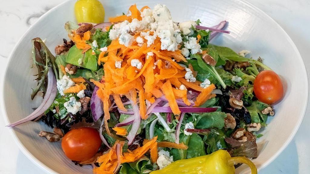 SPRING MIX SALAD (HALF) · Spring Mix, cherry tomatoes, carrot, red onion, pecans, gorgonzola and house made balsamic vinaigrette.