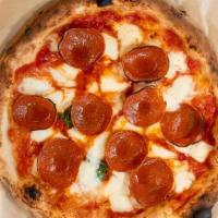 PEPPERONI PIZZA · San Marzano tomato sauce,  Molinari pepperoni, fresh mozzarella and fresh basil
