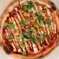 BBQ CHICKEN PIZZA · San Marzano tomato sauce, fresh mozzarella, BBQ chicken, pepperoncini, red onion and fresh c...
