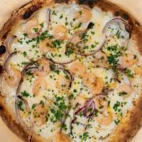 SHRIMP PIZZA · Ricotta cheese, fresh mozzarella cheese, parmesan cheese, red onion, shrimp, garlic, lemon z...