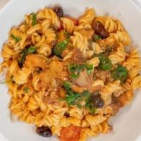 FUSILLI PUTTANESCA W/EGGPLANT · Fusilli pasta, eggplant, olives, capers, cherry tomatoes, tomato sauce, arugula and parmesan...