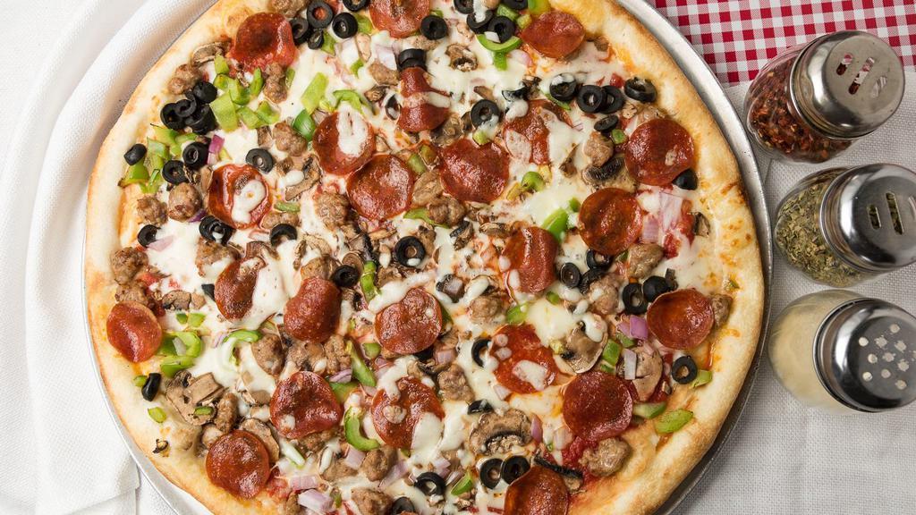 Combination Pizza · Sausage, pepperoni, mushrooms, bell peppers, onions, black olives, tomato sauce, and mozzarella cheese.