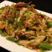 Skinny Chicken Salad with Green Beans · Shredded steamed chicken mixed with green beans, cabbage, carrot, peanut, fried shallot, cri...