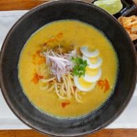 Coconut Noodle Soup · Your choice of Tofu, Chicken, or Shrimp in specially prepared coconut - lentil soup, with eg...
