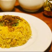 Turmeric Fried Rice · Stir-fried Jasmine rice with Burmese yellow peas, turmeric, onion, garlic, fried shallot, ga...