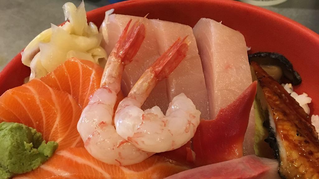 Chirashi · Assorted sashimi fillets on a bed of sushi rice, soup.

Consuming raw or undercooked meats, poultry, seafood may increase your risk of foodborne illness, especially if you have certain medical conditions.