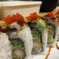 518. Dragon Roll · Shrimp tempura roll topped with unagi, avocado and tobiko.