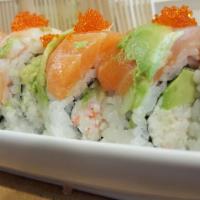 502. Rainbow Roll · Crab and avocado, topped with assorted fish.
