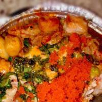 Baked Salmon Bowl · 3 Scoops of Salmon and crabmix covering rice BAKED for 10 minutes with Unagi and Spicy Mayo ...