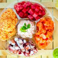 Poke Party Tray · Three portions of POKE proteins (12 scoops total), two portions of crab mix (eight scoops), ...