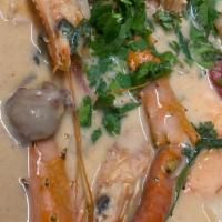 Seafood Stew Soup/Crema de Mariscos  · Squid, octopus, surimi, pollock, threadfin bream fish, sour cream, coco milk, eggs, cilantro...