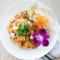 33. Pad Thai · Vegetarian. Stir-fried rice stick noodle with choice of shrimp, chicken, beef or pork, egg, ...