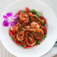 48. Prig King · Vegetarian. Old Thai style pork or catfish with green beans, chili paste, bell pepper, and b...