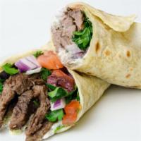 Beef Shawarma Wrap · Fresh wrap filled with hummus, tahini, tzatziki, red onion, hot sauce, lettuce, and sour red...