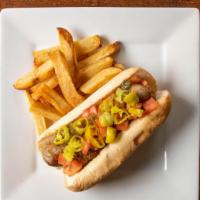 Growler Dog · In house smoked Chicago style brat, fresh tomatoes, banana peppers, relish, caramelized Reub...