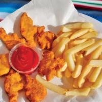 Chicken Nuggets · Chicken nuggets served with french fries.