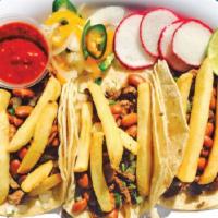 Megatacos · Three large sized tacos served with potatoes, beans, and your choice of meat. Comes with sal...