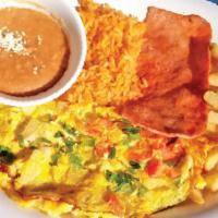Omelette · Omelette with your choice of mix. Served with rice and beans.