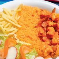 Camarones  Sarandeados  · Shrimp with salsa sarandiada. Served with rice, salada, French fries, and tortillas.